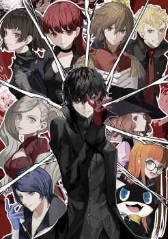 4boys 5girls absurdres akechi_gorou amamiya_ren black_coat black_eyes black_hair black_shirt blonde_hair blue_eyes blue_gloves blue_hair bodysuit breasts brown_eyes brown_hair coat epaulettes everyone fox_(persona_5) glasses gloves grey_eyes grey_hair grin hat highres joker_(persona_5) kitagawa_yuusuke large_breasts long_hair looking_at_viewer morgana_(persona_5) multiple_boys multiple_girls niijima_makoto noir_(persona_5) okumura_haru open_mouth oracle_(persona_5) orange_hair panther_(persona_5) parted_lips persona persona_5 persona_5_the_royal queen_(persona_5) red_bodysuit red_eyes red_gloves red_hair sakamoto_ryuuji sakura_futaba shirt sho_(sho_oe4) short_hair skull_(persona_5) smile takamaki_anne tricorne twintails violet_(persona_5) yoshizawa_kasumi