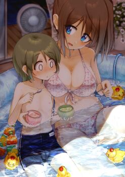 1boy 1girl age_difference blue_eyes blurry blurry_background blush bottle breast_press breasts brown_hair bulge day electric_fan embarrassed food ground_pool highres ice_cream inflatable_pool large_breasts light_brown_hair mole mole_under_eye onee-shota ringoanu rubber_duck shorts shota smile spoon swimsuit water wet wet_clothes
