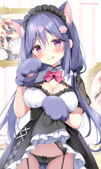 1girl :q animal_ear_fluff animal_ears animal_hands artist_self-reference black_panties blurry blurry_background blush bow bow_panties breasts cat_ears cleavage closed_mouth clothes_lift commentary_request depth_of_field frilled_shirt frills garter_belt gloves gluteal_fold hair_between_eyes hair_bow hair_over_shoulder highres lifting_own_clothes long_hair low_twintails medium_breasts original pan_(mimi) panties paw_gloves pink_bow pink_eyes puffy_short_sleeves puffy_sleeves purple_gloves purple_hair shirt short_sleeves skirt skirt_lift smile solo tongue tongue_out twintails underwear uta-chan_(pan_(mimi)) very_long_hair white_bow white_shirt