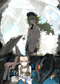 1boy 1girl bangle baseball_cap black_vest blue_eyes blue_sky bracelet breasts brown_hair closed_mouth collared_shirt colored_sclera cutoffs denim denim_shorts dragon exposed_pocket gen_5_pokemon gomibaketsu3 green_hair grin hair_between_eyes hat high_ponytail highres hilda_(pokemon) jewelry legendary_pokemon long_hair n_(pokemon) nintendo open_clothes open_mouth open_vest pants poke_ball_print pokemon pokemon_(creature) pokemon_bw ponytail red_eyes red_sclera reshiram rubble shirt short_shorts shorts sidelocks sky smile vest void_cube white_fur white_shirt wristband zekrom