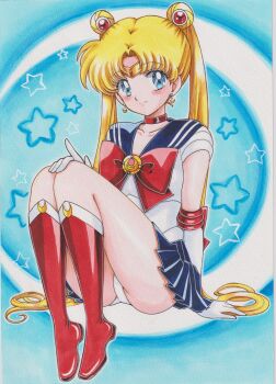 1girl absurdres ass bishoujo_senshi_sailor_moon blonde_hair blue_eyes blue_sailor_collar boots chikoto_(kztc4472) choker circlet collarbone commentary crescent crescent_earrings double_bun earrings elbow_gloves flower_earrings gloves hair_bun hair_ornament highres jewelry long_hair looking_at_viewer magical_girl panties pantyshot raised_eyebrows red_boots red_choker sailor_collar sailor_moon sailor_senshi_uniform skirt smile solo traditional_media tsukino_usagi twintails underwear white_gloves