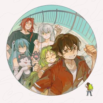 Rule 34 | 2boys, 3girls, ao no kiseki, blue hair, brown hair, commentary, eiyuu densetsu, elie macdowell, group picture, hajimari no kiseki, highres, kea (eiyuu densetsu), liuhuo21, lloyd bannings, long hair, looking at viewer, mishy, multiple boys, multiple girls, randolph orlando, red hair, red shirt, shirt, simple background, smile, symbol-only commentary, tio plato, white hair, zero no kiseki