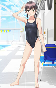 1girl absurdres barefoot black_one-piece_swimsuit breasts brown_hair chair clothes_writing collarbone commentary_request competition_swimsuit covered_navel full_body green_eyes highleg highleg_one-piece_swimsuit highres indoors lifeguard_chair looking_at_viewer low_twintails one-piece_swimsuit original pool_ladder poolside short_hair small_breasts solo standing string_of_flags swimsuit takafumi twintails v variant_set