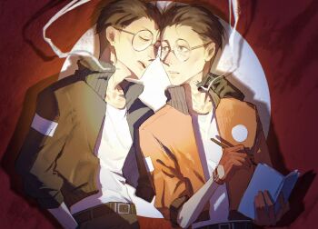 Rule 34 | 2boys, belt, black gloves, black jacket, bomber jacket, book, buzz cut, character request, cigarette, commentary, disco elysium, dual persona, forehead-to-forehead, glasses, gloves, hair slicked back, heads together, highres, holding, holding book, holding cigarette, holding pen, jacket, jidianfan, kim kitsuragi, looking at another, male focus, multiple boys, open book, orange gloves, orange jacket, pen, round eyewear, shirt, shirt tucked in, short hair, smoke, smoke trail, talking, untranslatable commentary, very short hair, white shirt