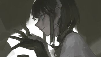 1girl absurdres adjusting_clothes adjusting_gloves aqua_eyes black_gloves black_hair cape closed_mouth commentary gloves grey_cape highres horns looking_ahead magpie_(phyriaxi) original phyriaxi portrait short_hair sidelocks simple_background solo symbol-only_commentary white_background white_horns