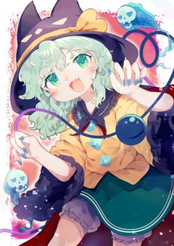 1girl absurdres alternate_headwear black_cape black_hat bloomers blue_nails blush buttons cape commentary_request diamond_button eyeball fingernails floating_skull frilled_shirt_collar frilled_sleeves frills ghost_pose green_eyes green_hair green_skirt halloween halloween_costume hat hat_ribbon heart heart_of_string highres komeiji_koishi long_fingernails long_sleeves looking_at_viewer open_mouth red_cape ribbon shirt skirt smile solo third_eye toroid_(621997) touhou two-sided_cape two-sided_fabric underwear white_bloomers wide_sleeves yellow_ribbon yellow_shirt