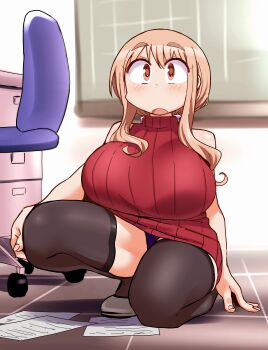 Rule 34 | 1girl, :d, absurdres, arm at side, bare arms, bare shoulders, black thighhighs, blush, brown hair, chair, chiden, dot nose, hand on ground, head on knee, highres, long hair, looking at viewer, matsumoto yoriko, office chair, on one knee, open mouth, orange eyes, panties, paper, purple panties, red sweater, shoes, sidelocks, sleeveless, sleeveless sweater, smile, solo, squatting, surprised, sweater, swivel chair, thick thighs, thighhighs, thighs, turtleneck, turtleneck sweater, underwear, upskirt, yuyushiki
