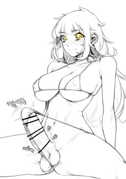 1girl bikini blush erection futanari highres long_hair looking_at_viewer monochrome norunollu original smile swimsuit yellow_eyes