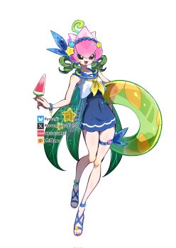 Rule 34 | 1girl, :3, alternate costume, bare shoulders, blue skirt, digimon, digimon (creature), fairy wings, food, green hair, green wings, high-waist skirt, highres, holding, holding food, holding popsicle, lilimon, open mouth, plant hair, popsicle, shirt, simple background, skirt, solo, summer, swim ring, white background, white shirt, wings, youzaiyouzai112