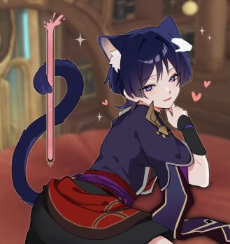 1boy animal_ear_fluff animal_ears armor ass ass_focus black_shorts black_sleeves blunt_ends blurry blurry_background blush cat_boy cat_ears cat_tail colored_eyelashes disembodied_hand fang from_side furisode game_screenshot_background gameplay_mechanics genshin_impact gold_trim grey_trim happy headpat heart highres japanese_armor japanese_clothes juban kimono kote kurokote layered_sleeves looking_at_viewer lying male_focus o-ring on_side open_mouth progress_bar purple_eyes purple_hair purple_sash purple_sleeves red_kimono red_sash sash scaramouche_(genshin_impact) screenshot_background short_sleeves shorts skin_fang solo spilling tail tsurime w02_14 white_kimono wispy_bangs