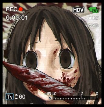 Rule 34 | 1girl, azumanga daiou, blood, blood on face, bloody knife, bloody weapon, brown eyes, brown hair, holding, holding knife, kasuga ayumu, knife, looking at viewer, portrait, ranm12s, solo, viewfinder, weapon