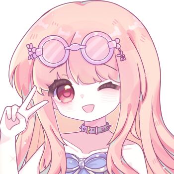 Rule 34 | 1girl, artist request, balloon, bare arms, bare shoulders, belt, belt buckle, belt collar, blunt bangs, brown eyes, buckle, chinese commentary, collar, collarbone, commentary request, dot nose, dress, eyelashes, eyewear on head, frilled dress, frills, grey belt, happy, highres, light blush, light particles, long hair, long sidelocks, looking at viewer, nikki (nikki), nikki (series), novelty glasses, one eye closed, open mouth, pink-framed eyewear, pink-tinted eyewear, pink hair, purple dress, purple ribbon, ribbon, round eyewear, second-party source, shining nikki, sidelocks, simple background, smile, solo, sparkle, spiked belt, strapless, strapless dress, sunglasses, tareme, tinted eyewear, twisting party (shining nikki), upper body, v, wavy hair, white background