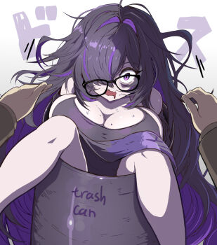 1boy 1girl bags_under_eyes black_hair breasts commander_(nikke) commentary dress drooling glasses goddess_of_victory:_nikke hair_over_one_eye highres label_(nikke) large_breasts long_hair mole mole_on_breast multicolored_hair multiple_moles purple_streaks streaked_hair syope trash_can wavy_mouth