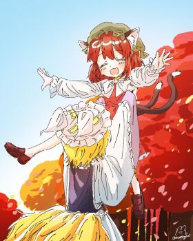 2girls animal_ear_fluff animal_ears animal_hat armpit_carry blonde_hair blue_sky blush bow bowtie brown_hair brown_shoes carrying carrying_person cat_ears cat_tail chen closed_eyes commentary day fang fox_tail green_hat hat kitsune loafers long_sleeves mob_cap mueonga21 multiple_girls multiple_tails nekomata open_mouth red_skirt red_vest shirt shoes skin_fang skirt sky smile tabard tail touhou twitter_username two_tails vest white_bow white_bowtie white_shirt yakumo_ran