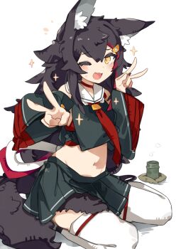 1girl :d absurdres animal_ear_fluff animal_ears black_hair black_skirt black_sleeves black_tail choker commentary crop_top cross-laced_slit cup detached_sleeves dot_nose double_v fang flipped_hair full_body hair_between_eyes hair_ornament hairclip hands_up highres hololive japanese_clothes light_blush long_hair looking_at_viewer midriff miniskirt multicolored_hair navel necktie one_eye_closed ookami_mio ookami_mio_(1st_costume) open_mouth pleated_skirt raised_inner_eyebrows red_choker red_hair red_necktie red_streaks sailor_collar sidelocks simple_background sitting skirt smile solo spiked_hair star_(symbol) steam streaked_hair sweatdrop tail thighhighs tntl_nemui two-tone_hair v very_long_hair virtual_youtuber white_background white_sailor_collar white_thighhighs wolf_ears wolf_girl wolf_tail yellow_eyes yokozuwari