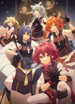 1boy 5girls :d adjusting_clothes adjusting_necktie animal_ears arknights black_gloves black_hair black_vest blue_necktie blurry blurry_background brown_eyes christmas_tree cosplay croissant_(arknights) exusiai_(arknights) gloves highres holding holding_phone horns kernel_killer lappland_(arknights) multiple_girls necktie on_one_knee open_mouth orange_necktie penguin_logistics_(arknights) phone purple_necktie red_necktie shirt smile sora_(arknights) sora_(arknights)_(cosplay) sparkle sunglasses untranslatable_commentary taking_picture texas_(arknights) emperor_(arknights) thighhighs v vest w white_footwear white_legwear white_shirt wolf_ears