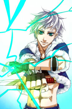 1boy abs black_gloves black_shirt blue_jacket closed_mouth commentary_request crop_top cropped_jacket dagger fingerless_gloves fur-trimmed_jacket fur_trim gloves green_eyes highres holding holding_dagger holding_knife holding_weapon jacket jewelry knife looking_at_viewer magic male_focus navel necklace open_clothes open_jacket ragnarok_online shirt short_hair short_sleeves smile solo stalker_(ragnarok_online) toriria upper_body weapon white_background white_hair