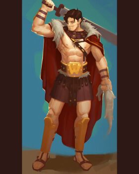 1boy alternate_costume beard belt beowulf_(skullgirls) blue_background brown_hair bubene cape closed_eyes facial_hair gladiator_sandals grin highres holding holding_sword holding_weapon male_focus muscular muscular_male pelt pillarboxed sandals skullgirls smile solo sword vambraces weapon