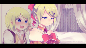 1boy 1girl aku_no_meshitsukai_(vocaloid) allen_avadonia aoi_choko_(aoichoco) bare_shoulders blonde_hair blue_eyes blush bow brother_and_sister choker cosplay costume_switch crossdressing crying crying_with_eyes_open despair dress evillious_nendaiki frilled_dress frills hair_bow hair_ornament hairclip half-closed_eyes jewelry kagamine_len kagamine_rin letterboxed open_clothes open_mouth open_shirt riliane_lucifen_d&#039;autriche shirt siblings smile tears twins vocaloid yellow_dress