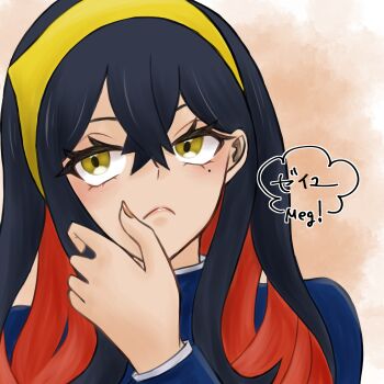 1girl appleberry9 black_hair blue_jacket carmine_(pokemon) closed_mouth colored_inner_hair crossed_bangs derivative_work eyelashes facing_viewer hair_between_eyes hairband highres jacket long_hair long_sleeves looking_to_the_side mole mole_under_eye multicolored_hair nintendo pokemon pokemon_sv red_hair solo two-tone_hair upper_body yellow_eyes yellow_hairband