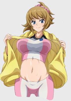 1girl bike_shorts blue_eyes blush breasts brown_hair clothes_lift gundam gundam_build_fighters gundam_build_fighters_try highres hoshino_fumina jacket large_breasts lifting_own_clothes looking_at_viewer midriff navel open_clothes ponytail safety_kaijo smile solo sports_bra sports_bra_lift two-tone_sports_bra