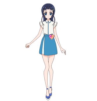 1girl aokaze_nana blue_eyes blue_hair blue_shoes blue_skirt closed_mouth collared_shirt full_body grey_shirt hair_ornament heart highres kimi_to_idol_precure long_hair looking_at_viewer musical_note official_art pink_bag precure second-party_source shirt shoes short_sleeves simple_background skirt solo standing tachi-e transparent_background x_hair_ornament