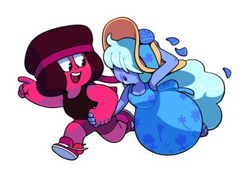 2girls afro alternate_costume blue_dress blue_flower blue_hair blue_rose blue_skin breasts cleavage colored_skin discount-supervillain dress flower full_body gem_(steven_universe) hair_over_eyes hat headband holding_hands long_hair multiple_girls open_mouth puffy_lips red_skin rose ruby_(species)_(steven_universe) ruby_(steven_universe) sapphire_(steven_universe) short_hair simple_background smile steven_universe thick_lips tomboy toon_(style)