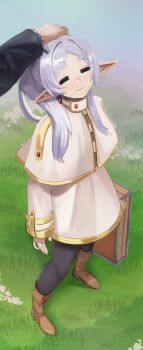 2girls :3 =_= absurdres black_pantyhose boots briefcase brown_boots capelet commentary cranihum earrings elf english_commentary fern_(sousou_no_frieren) frieren gold_trim grey_hair headpat highres holding holding_briefcase jewelry long_hair multiple_girls on_grass pantyhose parted_bangs pointy_ears short_eyebrows skirt sousou_no_frieren standing thick_eyebrows white_capelet white_skirt