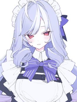 1girl apron black_dress blush bow breasts curly_sidelocks dress highres hk_nnm large_breasts long_hair looking_at_viewer maid maid_apron maid_headdress parted_lips pointy_ears purple_bow purple_hair red_eyes sidelocks solo vivian_banshee zenless_zone_zero