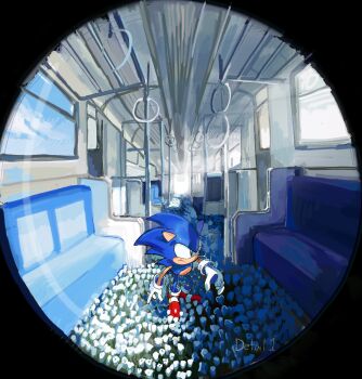 Rule 34 | 1boy, animal ears, animal nose, artist name, black border, blue fur, blue hair, blue sky, border, closed mouth, cloud, day, field, fisheye, flower, flower field, full body, furry, furry male, gloves, green eyes, hand grip, hedgehog, highres, infmilk bsky, male focus, perspective, round border, shoes, sky, smile, sneakers, socks, solo, sonic (series), sonic the hedgehog, standing, tail, train, train interior, vanishing point, white flower, white gloves, white socks, window