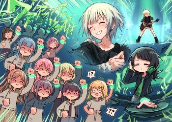 Rule 34 | !?, 6+girls, :d, ?, ??, ^ ^, audience, bang dream!, bang dream! it's mygo!!!!!, black hair, black jacket, black shirt, blonde hair, blue dress, blue hair, blue hoodie, brown hair, brown skirt, chihaya anon, clenched hands, closed eyes, closed mouth, collared shirt, commentary request, dj, dress, green hair, green shirt, grey dress, grey hair, grey shirt, grin, guitar, highres, hood, hoodie, instrument, jacket, jitome, kaname raana, long hair, misumi uika, multiple girls, music, nagasaki soyo, o o, open clothes, open jacket, open mouth, parted bangs, people, phonograph, pink hair, playing guitar, playing instrument, purple hair, raised fist, shaded face, shiina taki, shirt, short hair, skirt, smile, spoken interrobang, spoken question mark, sumita mana, takamatsu tomori, togawa sakiko, turntable, wakaba mutsumi, white hair, white jacket, white shirt, yahata umiri, yellow eyes, yukitake (bullfalk), yuutenji nyamu