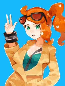 Rule 34 | 1girl, absurdres, aqua eyes, aqua shirt, between breasts, black-framed eyewear, breasts, brown coat, cleavage, coat, collarbone, eyewear on head, hair ornament, hand up, heart, heart hair ornament, highres, medium breasts, nintendo, open mouth, orange-tinted eyewear, orange hair, pokemon, pokemon swsh, ribbed shirt, shirt, side ponytail, side ponytail with hair base, smile, solo, sonia (pokemon), strap between breasts, sunglasses, swept bangs, teeth, tinted eyewear, upper body, upper teeth only, v, v-neck, wavy hair, white noize77