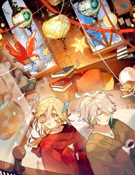 2boys :o alhaitham_(genshin_impact) animal_ears antenna_hair appleboneeee blonde_hair book book_stack braid cauldron chest_jewel chinese_commentary closed_eyes commentary_request couch cup ears_down eyelashes feather_hair_ornament feathers fox_boy fox_ears fox_tail gem genshin_impact gingerbread_man green_gem green_hair grey_hair grey_kimono hair_between_eyes hair_ornament hair_over_one_eye hanging_light headphones highres holding holding_cup hood hood_down hooded_robe indoors japanese_clothes kaveh_(genshin_impact) kimono ladle long_hair long_sleeves looking_up male_focus multicolored_hair multiple_boys one_eye_covered open_book open_mouth paper parted_bangs picture_frame pillow railing red_eyes red_ribbon red_robe ribbon robe rug short_hair sleeves_past_wrists smoke snow sparkle star_(symbol) swept_bangs tail tea teacup toy toy_bird wide_sleeves winding_key window wooden_railing