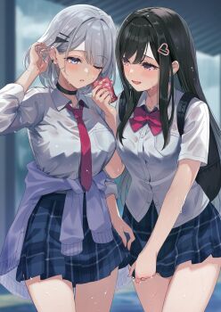 Rule 34 | 2girls, absurdres, black choker, black hair, blue skirt, bow, bowtie, breasts, cardigan, cardigan around waist, choker, clothes around waist, collared shirt, commentary request, grey hair, hair ornament, hairclip, heart, heart hair ornament, highres, large breasts, long hair, looking at another, medium breasts, monoto, multiple girls, necktie, one eye closed, open mouth, original, pink eyes, plaid clothes, plaid skirt, purple cardigan, rain, red bow, red bowtie, red necktie, school uniform, see-through clothes, see-through shirt, shirt, short hair, short sleeves, skirt, smile, thighs, wet, wet clothes, wet shirt, wet skirt