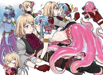 ! !? ... 2girls animal animalization armlet ascot bang_dream! bang_dream!_it's_mygo!!!!! bikini blonde_hair blue_hair blush book breasts coral_hair_ornament eye_contact flying_sweatdrops gloves hair_ornament hand_on_another's_face highres holding holding_animal holding_book jewelry kiss kissing_cheek looking_at_another medium_breasts medium_hair misumi_uika monster_girl monsterification multiple_girls multiple_views navel octopus one_eye_closed purple_eyes scylla shell shell_bikini shirt spoken_ellipsis spoken_exclamation_mark spoken_interrobang surprise_kiss surprised swimsuit togawa_sakiko underwater xbox_ox yellow_eyes yuri