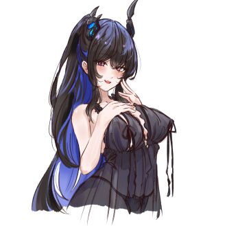 Rule 34 | 1girl, areola slip, asymmetrical horns, black hair, black horns, black negligee, blue hair, breasts, colored inner hair, commentary, demon horns, english commentary, high ponytail, highres, hololive, hololive english, horns, lingerie, long hair, mole, mole under eye, multicolored hair, negligee, nerissa ravencroft, nightgown, official alternate hairstyle, penguin stamp, ponytail, red eyes, see-through clothes, see-through nightgown, sketch, smile, two-tone hair, underwear, uneven horns, virtual youtuber
