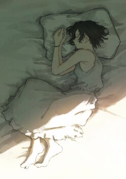1girl aaaoka arm_markings barefoot black_hair bracelet closed_eyes dress highres jewelry lying messy_hair on_bed on_side original own_hands_together pillow profile second-party_source sleeping sleeveless sleeveless_dress solo
