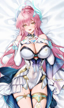 Rule 34 | 1girl, aemeath (wuthering waves), ahoge, bare shoulders, breasts, cleavage, commentary request, dakimakura (medium), elbow gloves, four-finger heart hands, gloves, hair intakes, hair ornament, heart, heart hands, highres, huge breasts, jg&amp;solin, leotard, long hair, looking at viewer, lying, merchandise available, on back, open mouth, orange eyes, pink hair, ponytail, showgirl skirt, skirt, smile, solo, star-shaped pupils, star (symbol), symbol-shaped pupils, thighs, white gloves, white leotard, white skirt, wuthering waves