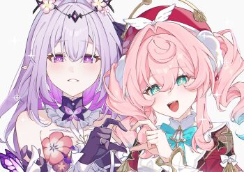 2girls aqua_eyes aqua_hair bare_shoulders beret castorice_(honkai:_star_rail) commentary dress drill_hair gloves hair_between_eyes hand_up hat heart heart_hands heart_hands_duo highres honkai:_star_rail honkai_(series) hyacine_(honkai:_star_rail) light_blush long_hair long_sleeves looking_at_viewer multicolored_hair multiple_girls nya_inuha open_mouth pink_hair puffy_long_sleeves puffy_sleeves purple_eyes purple_gloves purple_hair red_dress red_hat simple_background smile symbol-only_commentary teeth tongue twin_drills two-tone_hair upper_body upper_teeth_only white_background white_sleeves yellow_pupils