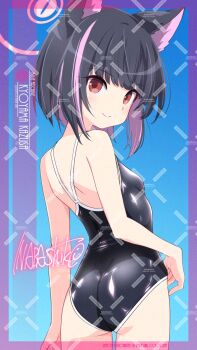 1girl adversarial_noise animal_ears artist_name ass black_hair black_one-piece_swimsuit blue_archive blue_background cat_ears character_name colored_inner_animal_ears colored_inner_hair competition_school_swimsuit cowboy_shot gradient_background halo highres inaba_shiki kazusa_(blue_archive) looking_at_viewer looking_back multicolored_hair one-piece_swimsuit pink_hair pink_halo red_eyes school_swimsuit short_hair signature solo swimsuit two-tone_hair watermark watermark_grid