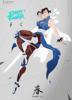 1girl arm_up artificial_legs bare_shoulders blue_dress bracelet brown_eyes brown_hair brown_pantyhose bun_cover capcom china_dress chinese_clothes chun-li cyberpunk double_bun dress earrings eyeshadow female_focus fighting_stance hair_bun highres jewelry knee_up machinery makeup mechanical_legs pantyhose park_junkyu pelvic_curtain prosthesis prosthetic_leg sash side_slit sleeveless sleeveless_dress solo spiked_bracelet spikes street_fighter thick_thighs thighs