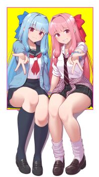 2girls animal_print bare_legs black_sailor_collar black_shoes black_skirt black_socks blue_bow blue_cardigan blue_hair blue_scrunchie blush bow cardigan cardigan_around_waist closed_mouth clothes_around_waist collared_shirt color_coordination commentary diagonal-striped_clothes diagonal-striped_necktie fingernails full_body green_background grin gyaru_w hair_bow hair_intakes highres hurapan kneehighs kotonoha_akane kotonoha_aoi leopard_print loafers long_hair long_sidelocks looking_at_viewer loose_socks low-tied_sidelocks miniskirt multiple_girls neckerchief necktie open_cardigan open_clothes outside_border penny_loafers pink_cardigan pink_hair pink_nails pink_socks plaid_clothes plaid_skirt pleated_skirt print_cardigan red_bow red_eyes red_neckerchief red_necktie ribbed_socks sailor_collar scrunchie shirt shoes siblings sidelocks sisters sitting skirt sleeves_rolled_up smile socks straight_hair striped_clothes striped_necktie voiceroid w white_background white_shirt wrist_scrunchie