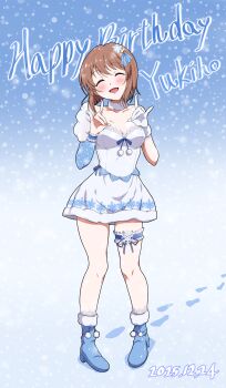 Rule 34 | 1girl, absurdres, ankle boots, asymmetrical sleeves, bare shoulders, blue boots, blunt ends, bob cut, boots, brown eyes, brown hair, choker, closed eyes, commentary, dated, double fox shadow puppet, dress, footprints, fox shadow puppet, frilled thigh strap, full body, fur collar, gloves, hagiwara yukiho, happy birthday, highres, idol clothes, idolmaster, idolmaster (classic), kyo9999, open mouth, pigeon-toed, pom pom (clothes), short dress, short hair, single glove, smile, snow, snowflake liliput (idolmaster), snowflake print, solo, standing, thigh strap, white dress