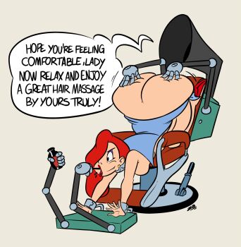 1girl apron arched_back ass ass_grab barber_chair bottomless highres huge_ass humiliation jessica_rabbit machine massage mechanical_arms nude oral red_hair restrained shoes speaker speech_bubble stationary_restraints text_focus top-down_bottom-up upside-down who_framed_roger_rabbit