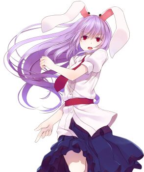 Rule 34 | 1girl, animal ears, blouse, blue skirt, buttons, collared shirt, commentary request, cowboy shot, crote, finger gun, floating hair, from below, hand up, highres, large variant set, long hair, looking at viewer, necktie, open mouth, orange skirt, pink eyes, pleated skirt, puffy short sleeves, puffy sleeves, purple hair, rabbit ears, red eyes, red necktie, reisen udongein inaba, sash, shirt, short sleeves, skirt, solo, tachi-e, teeth, touhou, transparent background, upper teeth only, upskirt, variant set, very long hair, white shirt, wing collar