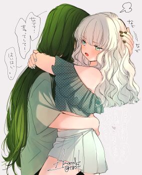 2girls absurdres amane_(7783) blush commentary_request crop_top green_eyes green_hair green_nails green_shirt grey_background hand_on_another&#039;s_head highres long_hair multiple_girls nail_polish off-shoulder_shirt off_shoulder open_mouth original pleated_skirt polka_dot polka_dot_shirt shirt signature simple_background skirt translation_request unmoving_pattern white_hair white_nails white_skirt yuri