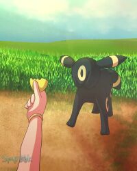 1other animated artist_name bracelet character_name commentary day eevee english_text espeon food fruit gen_1_pokemon gen_2_pokemon grass holding holding_food holding_fruit jewelry lemon nintendo outdoors pokemon pokemon_(creature) shaking_head sitting sound sour_(taste) speech_bubble spyrook tagme umbreon video watermark wind