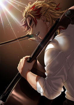 Rule 34 | 1boy, black pants, blonde hair, bow (music), cello, closed eyes, collared shirt, colored tips, commentary request, contemporary, forked eyebrows, from side, hashimoto (yanagi-momo), holding, holding bow (music), holding instrument, instrument, kimetsu no yaiba, long sleeves, male focus, medium hair, multicolored hair, music, open mouth, pants, playing instrument, profile, red hair, rengoku kyoujurou, shirt, singing, sleeves rolled up, smile, solo, spotlight, streaked hair, sweat, teeth, two-tone hair, upper body, white shirt