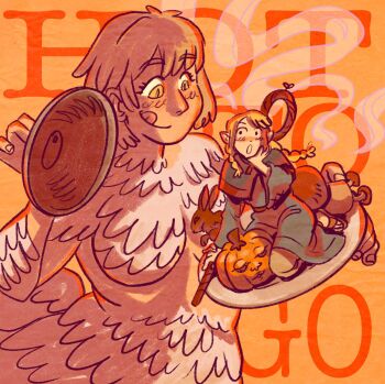 2girls aalexfletcher ambrosia_(dungeon_meshi) blonde_hair blue_capelet blue_dress blush body_fur braid braided_ponytail braided_sidelock breasts brown_sandals capelet centauroid chimera commentary dress dungeon_meshi elf english_commentary english_text falin_touden falin_touden_(chimera) feathers food_with_face hand_on_own_cheek hand_on_own_face highres holding holding_lid holding_plate holding_staff kneeling large_breasts long_hair looking_at_another marcille_donato multiple_girls on_plate open_mouth orange_background plate pointy_ears pumpkin rabbit red_sash sandals sash short_hair size_difference staff steam surprised taur tongue tongue_out underboob walking_mushroom_(dungeon_meshi) white_feathers yellow_eyes yuri