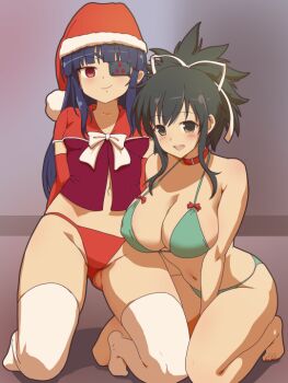 2girls animal_collar arms_behind_back asuka_(senran_kagura) barefoot bikini black_hair black_socks brown_eyes brown_hair christmas closed_mouth collar commentary cropped_shirt elbow_gloves english_commentary eyepatch fur-trimmed_headwear fur_trim gloves green_bikini groin hair_ribbon hat kneehighs kneeling leaning_forward long_hair looking_at_viewer luser_go mirai_(senran_kagura) mitsudomoe_(shape) multiple_girls navel open_mouth ponytail red_eyes red_gloves red_hat red_shirt ribbon santa_hat senran_kagura shirt short_ponytail smile socks swimsuit tomoe_(symbol) white_ribbon